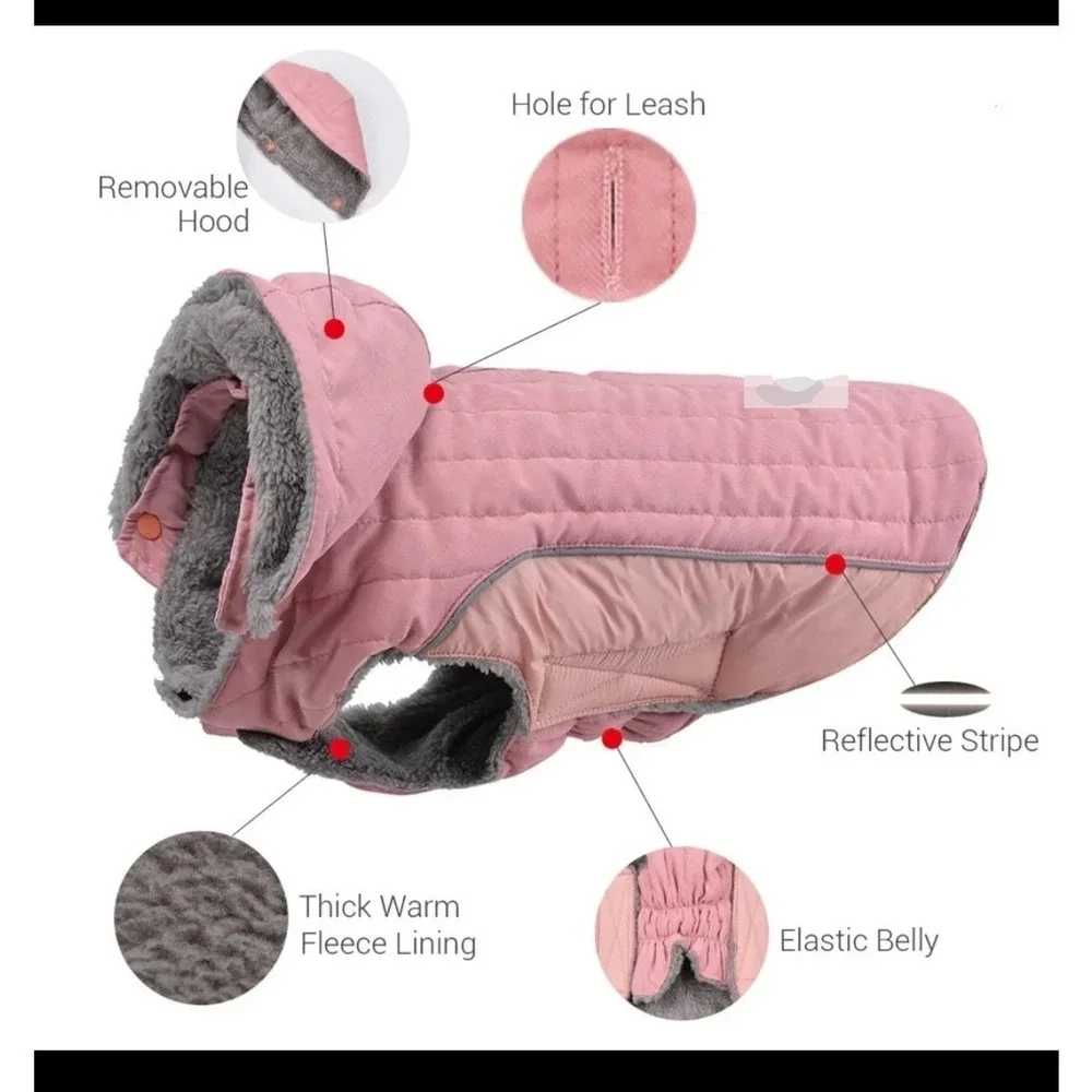 Pink Quilted Dog Puffer‎ Jacket Hooded Sherpa Lined adjustable gtahered SEE MEZ